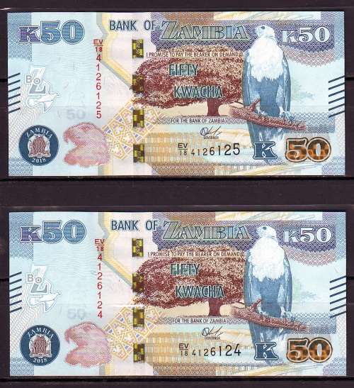 Zambia New Series - 2 by 50 Kwacha Notes in Sequence and UNC