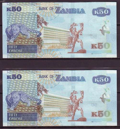 Zambia New Series - 2 by 50 Kwacha Notes in Sequence and UNC