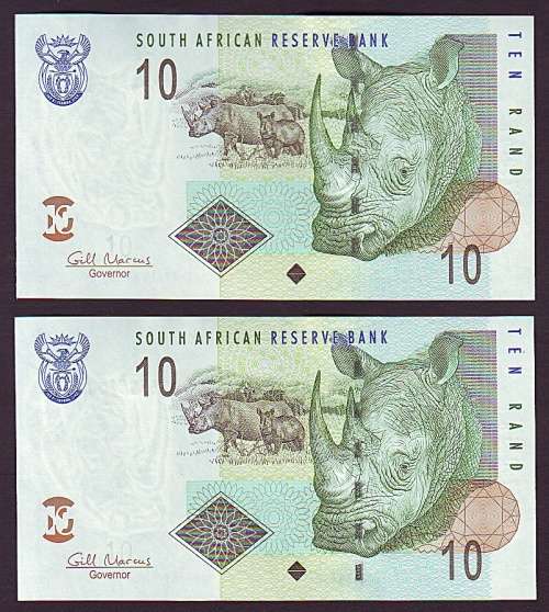 Republic of South Africa - Gill Marcus Ten Rand Pair in Sequence and UNC