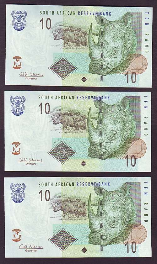 Republic of South Africa - Gill Marcus Ten Rand Trio in Sequence and UNC