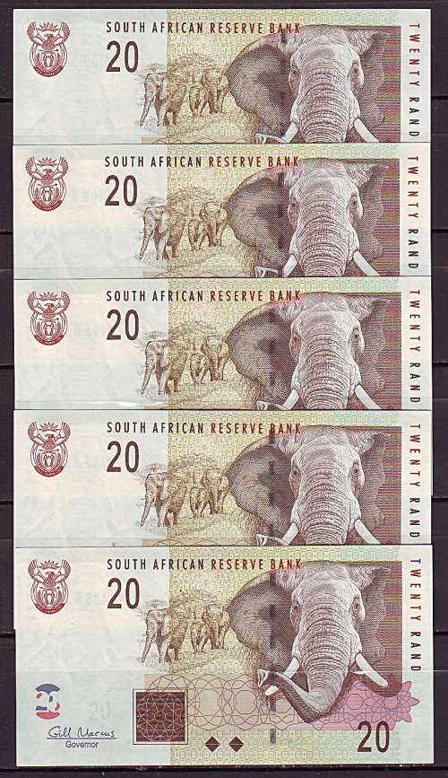 South Africa - Gill Marcus 5 by 20 Rand Notes in Sequence and UNC