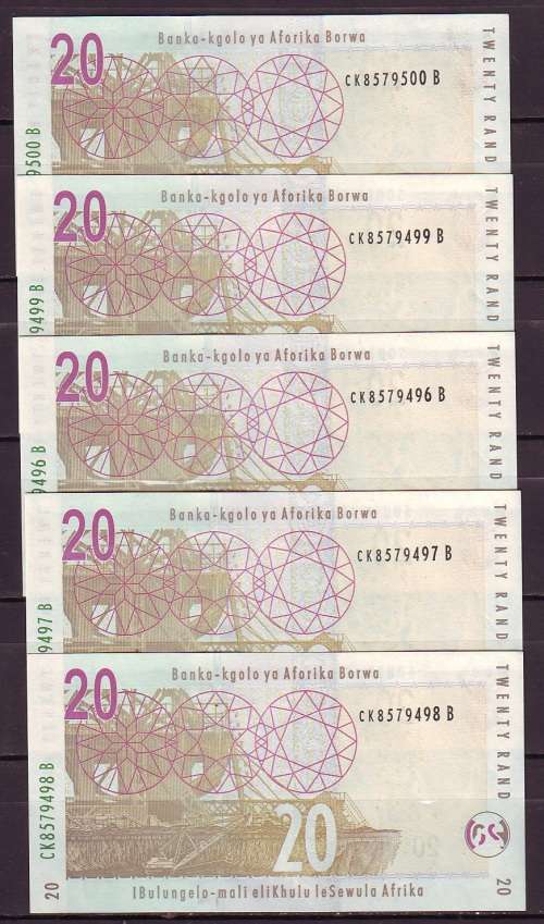 South Africa - Gill Marcus 5 by 20 Rand Notes in Sequence and UNC