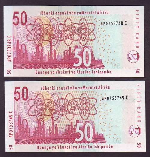 South Africa - Gill Marcus Pair of 50 Rand Notes in Sequence and UNC
