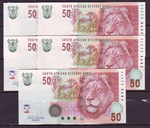 South Africa - Gill Marcus 5 by 50 Rand Notes in Sequence and UNC