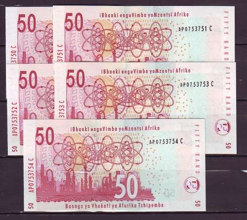 South Africa - Gill Marcus 5 by 50 Rand Notes in Sequence and UNC