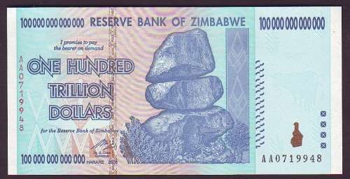 Zimbabwe - 100 Trillion Dollar Note ( AA - UNC )