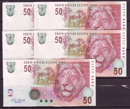 South Africa - Gill Marcus 5 by 50 Rand Notes in Sequence and UNC