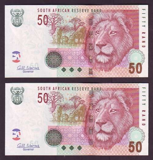 South Africa - Gill Marcus 2 by 50 Rand Notes in Sequence and UNC