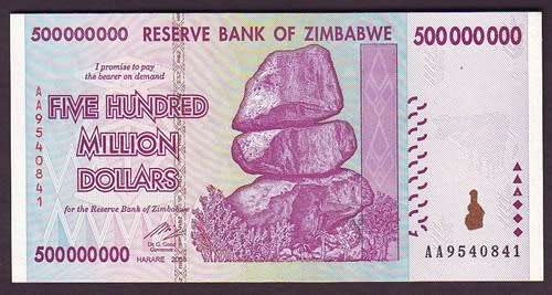 Zimbabwe - Five Hundred Million Dollars AA Note ( UNC )