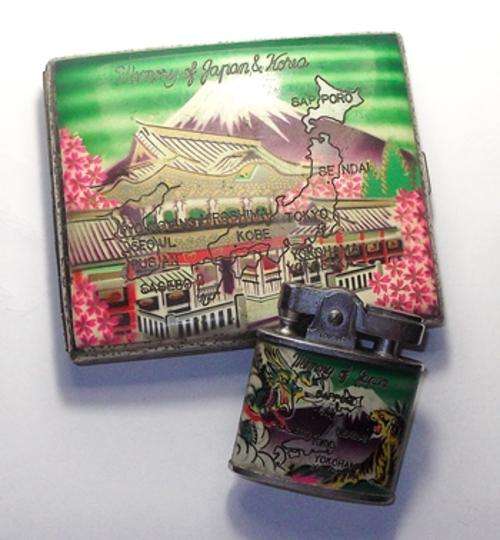 Vintage Longin Cigarette Lighter and Case " Memory of Japan and Korea "