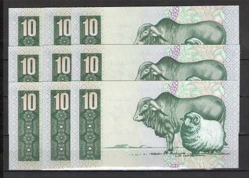 Republic of South Africa - De Kock 6 by Ten Rand Notes in Sequence and UNC