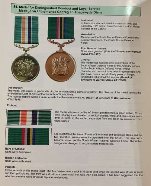 SADF - 9CT Gold Medal for Distinguished Conduct and Loyal Service Full Size Plus Miniature
