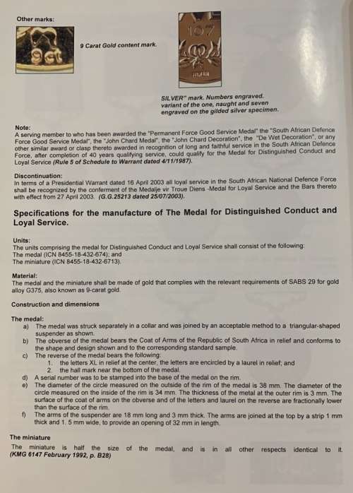 SADF - 9CT Gold Medal for Distinguished Conduct and Loyal Service Full Size Plus Miniature