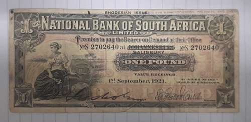 Extremely Rare - 1921 National Bank of South Africa ( Rhodesian Issue ) One Pound Note