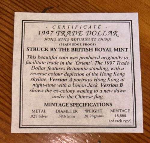 British Royal Mint - 1997 Silver Trade Dollar