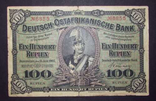 Extremely Rare - 1905 Deutsch - Ostafrikanische Bank 100 Rupie Note ( Catalogue in Fine R16000 )