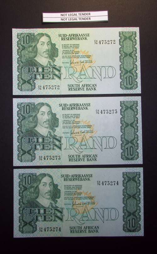 Republic of South Africa - Gerhard De Kock - 3 by 10 Rand Banknotes in Sequence and UNC