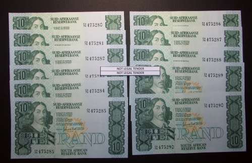 Republic of South Africa - Gerhard De Kock - 10 by 10 Rand Banknotes in Sequence and UNC