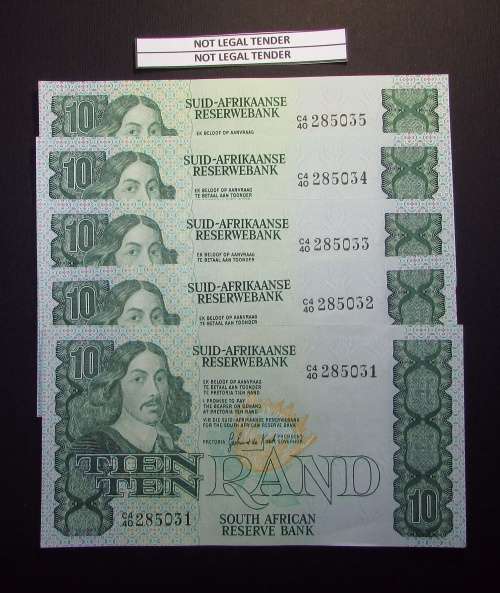 Republic of South Africa - Gerhard De Kock - 5 by 10 Rand Banknotes in Sequence and UNC