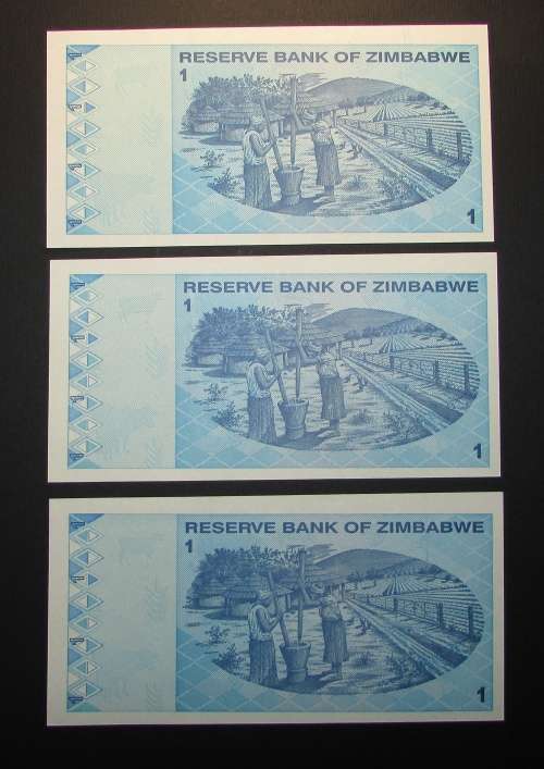 Reserwe Bank of Zimbabwe - 3 by 1 Dollar Banknotes in Sequence and UNC