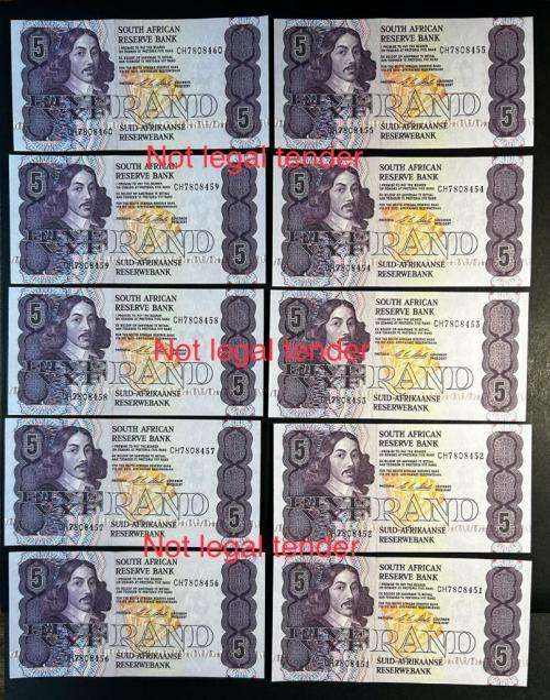Reserve Bank of South Africa - Cl  Stals - 10 by 5 Rand Banknotes in Sequence and UNC