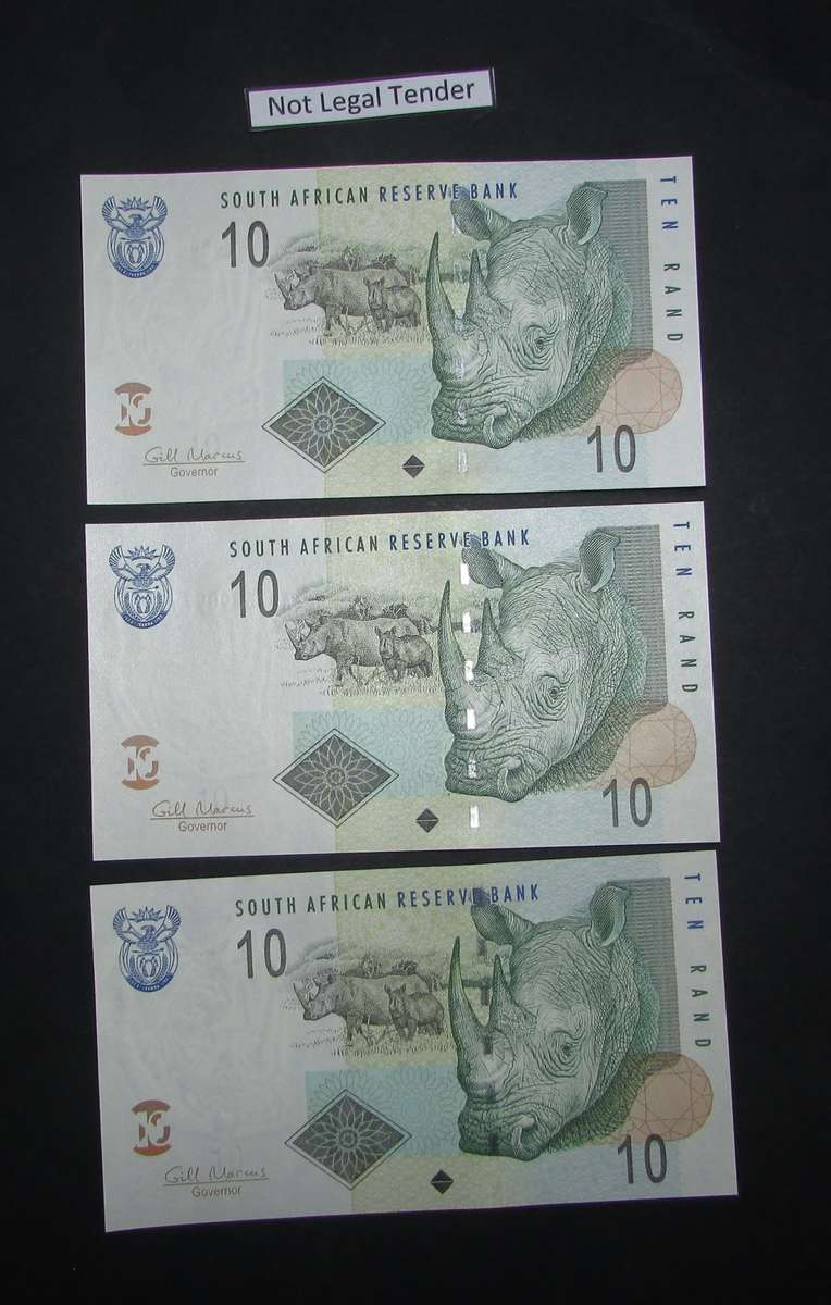 South Africa - 3 by 10 Rand Notes in Sequence and UNC