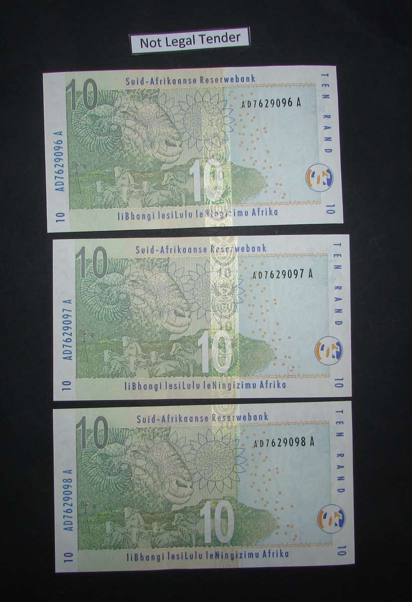 South Africa - 3 by 10 Rand Notes in Sequence and UNC