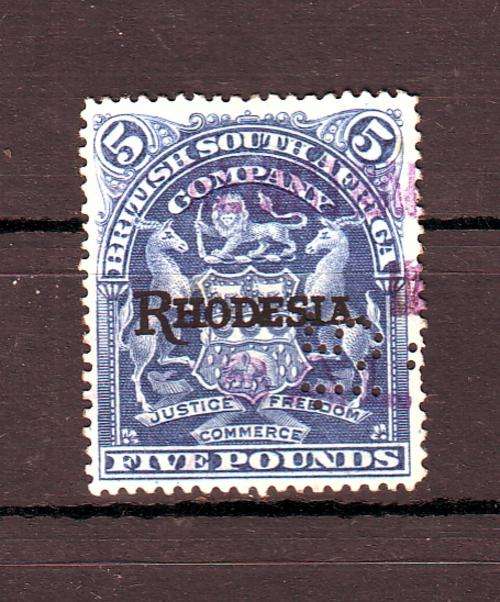 BSAC Rhodesia O/Print 5 Pounds Revenue use Perfin SACC 113