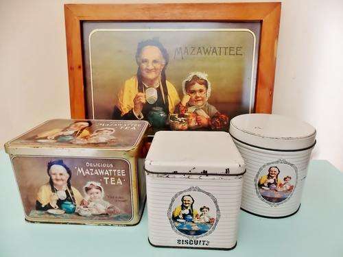 Collection of Mazawattee tins and print in Oregon frame