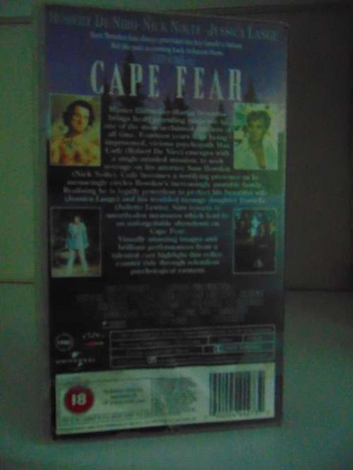 VHS Film Cassette  Title: Cape Fear  Robert De Niro/Jessica Lang/Nick Nolte