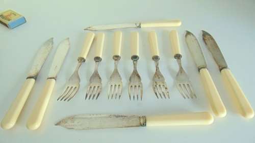 Set of 6 EPNS fish knives and forks with bone(like) handles