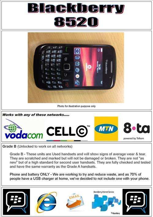 GENUINE Blackberry Curve 8520 -BBM Ready, Internet, email and Unlocked to work on ALL networks