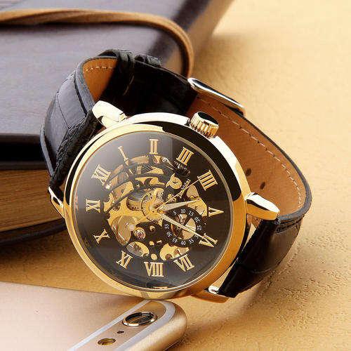Mens Transparent Skeleton Mechanical Stainless Steel Leather Wrist Watch