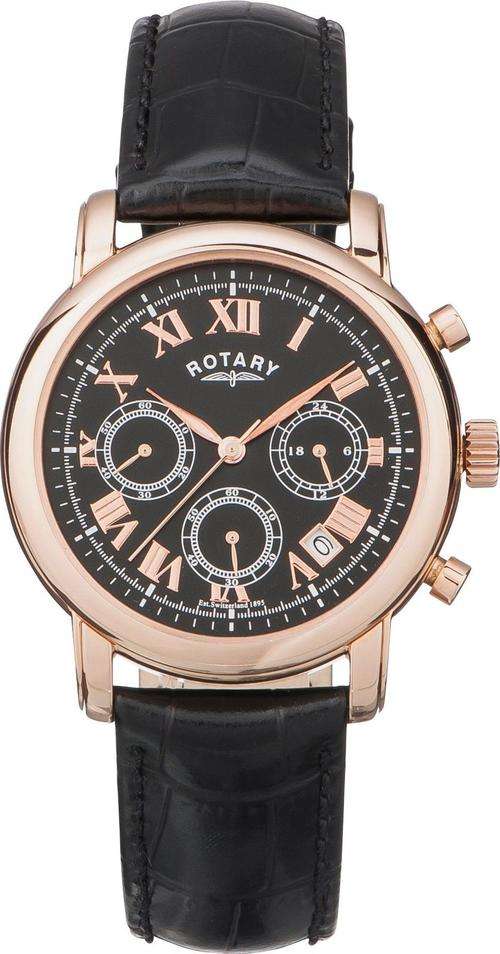 Brand New Mens Rotary Rose Gold Black Strap Chrono Watch