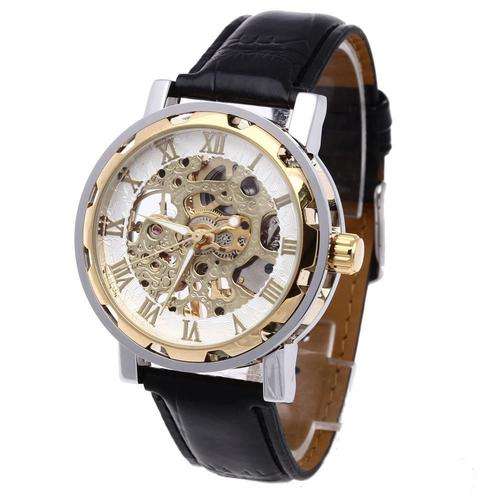 Men's Skeleton Mechanical Wrist Watch Leather Band - Gold Bezel