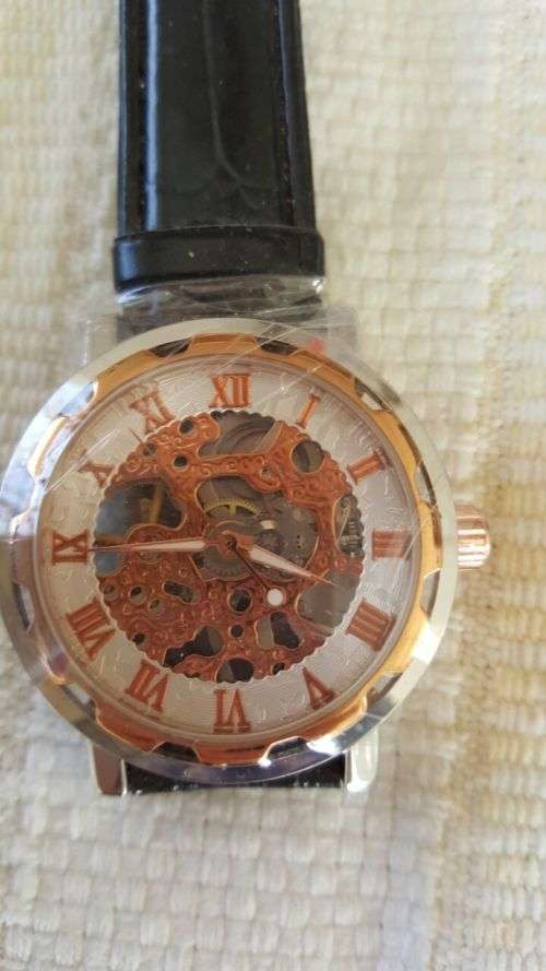 Men's Skeleton Mechanical Wrist Watch Leather Band - Gold Bezel