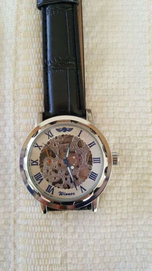 Men's Skeleton Mechanical Wrist Watch Leather Band - Blue