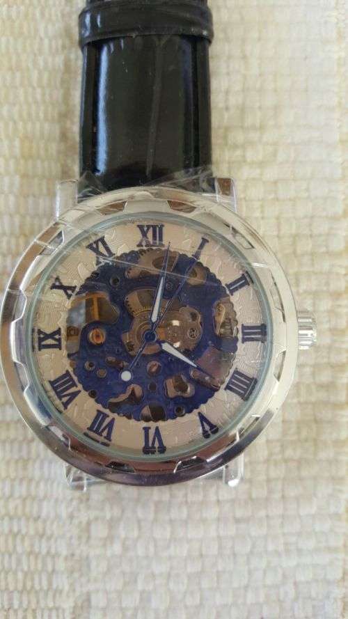 Men's Skeleton Mechanical Wrist Watch Leather Band - Blue and white