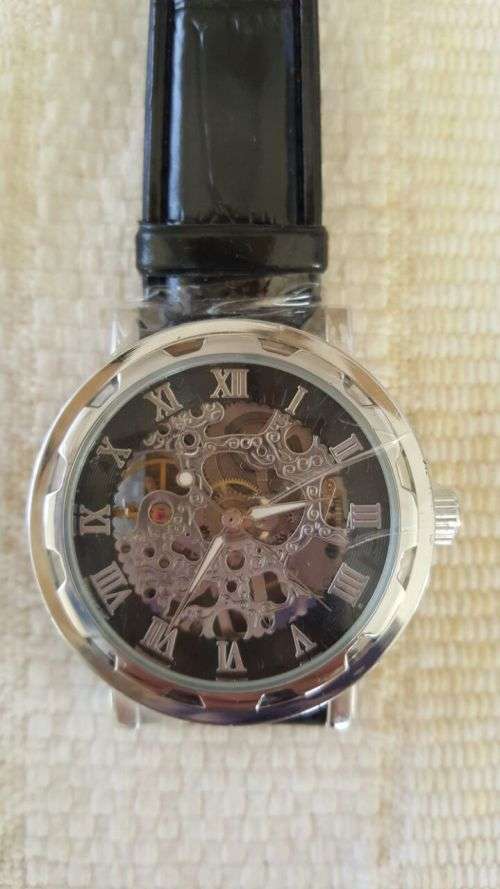 Men's Skeleton Mechanical Wrist Watch Leather Band - Black and silver
