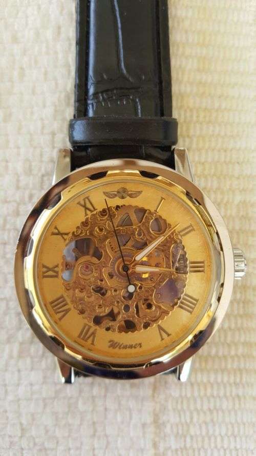 Men's Skeleton Mechanical Wrist Watch Leather Band - Gold Bezel