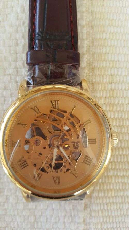 Men's Skeleton Mechanical Wrist Watch Leather Band - Gold Bezel