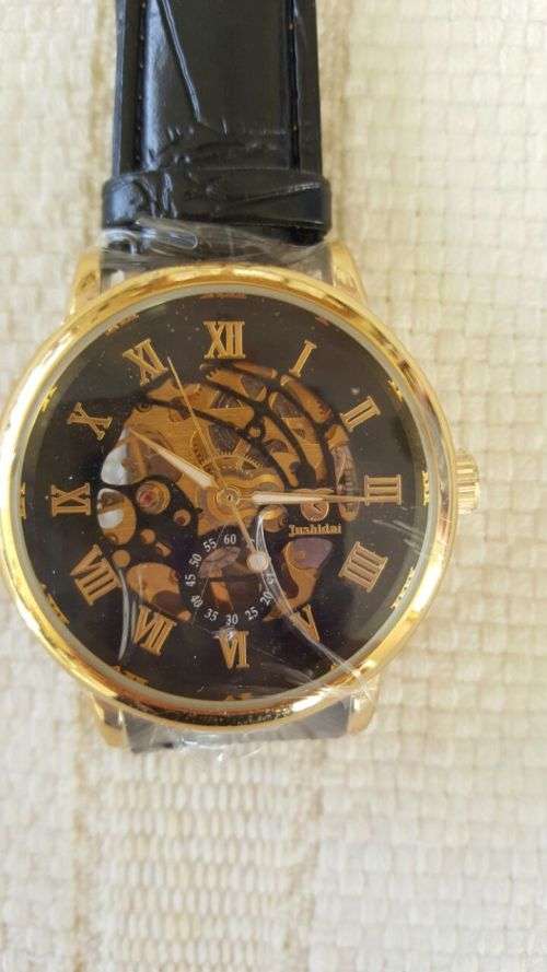 Men's Skeleton Mechanical Wrist Watch Leather Band - Black and gold