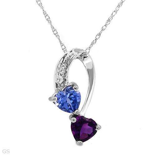 Elegant Brand New Heart Necklace With 1.00ctw Diamond, Created Sapphire and Amethyst Made of White G