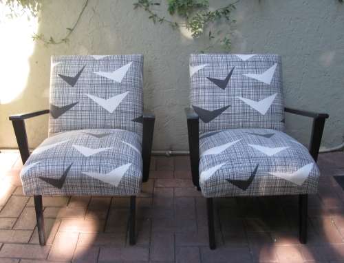 Pair Retro Armchairs in Skinnylaminc Fabric