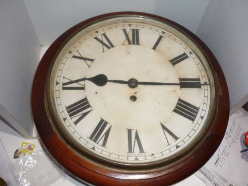 ANTIQUE (POSSIBLY VICTORIAN) STATION CLOCK- SINGLE FUSEE MOVEMENT AND FLAME MAHOGANY