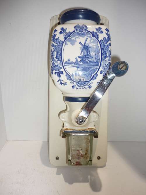 VINTAGE PeDe (DIENES)-WALL HANGING COFFEE GRINDER-PORCELAIN-BLUE AND WHITE