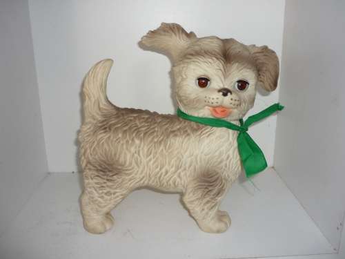 VINTAGE DOG HARD RUBBER-GLASS EYES-OPEN AND SHUT-GREAT CONDITION-20CM LONG X 24CM HIGH