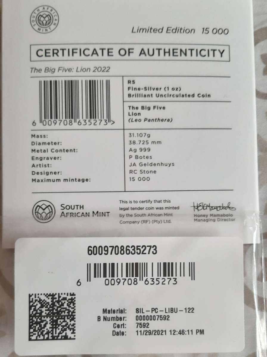 SA MINT-2022 BIG 5 SERIES- LION - 1 Oz FINE SILVER COIN IN DISPLAY SLEEVE- CERTIFIED