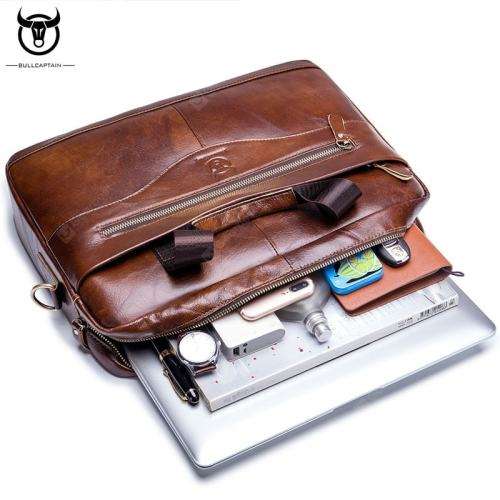 **GENUINE LEATHER** Bull Captain slung business laptop bag.