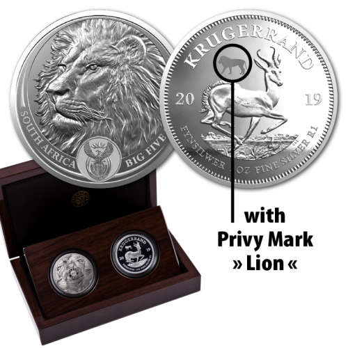 *MINT-MARKED KRUGERRAND** Two coin silver Proof Krugerrand and Big 5 Lion Set